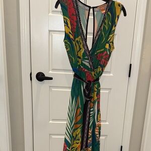 Vibrant Backless Jumpsuit with Tropical Print